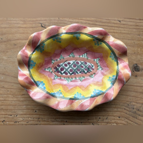 MacKenzie-Childs Pink and Yellow Ruffled Ceramic Trinket Dish - Picture 2 of 14